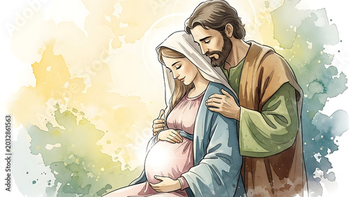 Biblical Mary and Joseph share a heartfelt intimate moment gazing lovingly at their unborn divine child within a soft colorful radiant glow of spiritual anticipation and holy serenity.