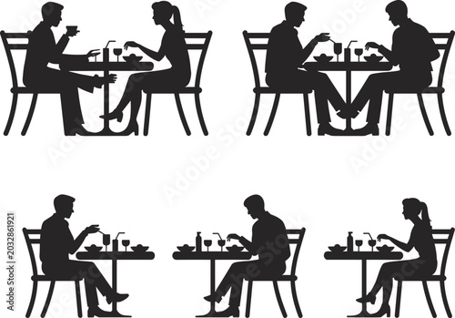 Obraz na płótnie Silhouettes of People Dining at Tables on White Background vector illustration