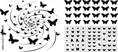 Tableau sur toile Swirling butterflies and rows of butterfly icons on a white background Keywords: