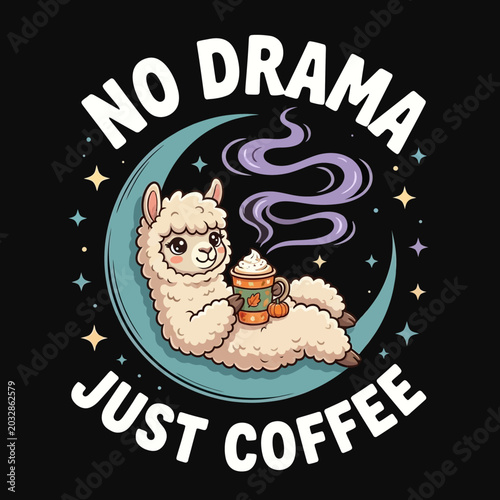 Llama with coffee cup sitting on moon.