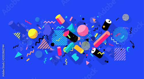 colorful memphis style abstract background with geometric shapes and dynamic 3d elements a playful vector illustration.