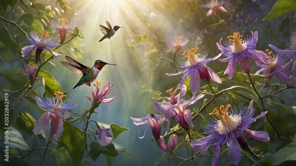 Fototapeta premium Vibrant hummingbirds hovering among colorful passion flowers in a sunlit garden, showcasing nature's beauty
