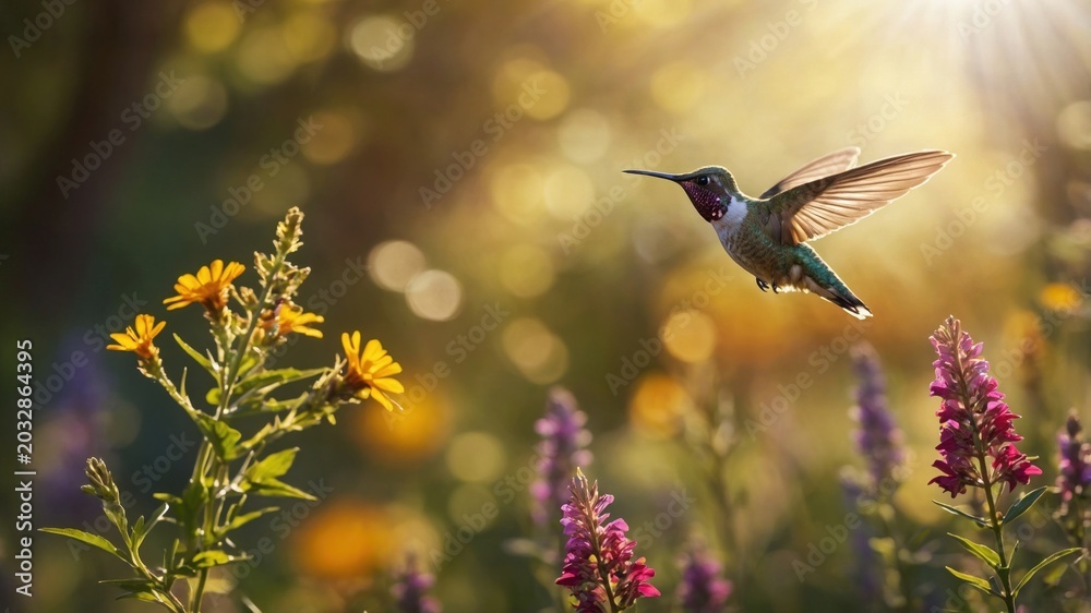 Fototapeta premium Hummingbird hovering near vibrant wildflowers in a sunlit garden, showcasing nature's beauty