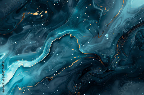 Photo of Turquoise green dark marble fluid art pattern with golden veins. Background texture for backdrops or mapping