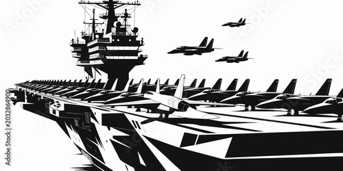 Quadro su tela Military Aircraft Carrier with Fighter Jets Vector Illustration, Aircraft Carrier Warship with Fighter Planes Silhouette Vector, Naval Military Fleet Aircraft Carrier Illustration