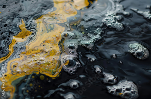Photo of Bubbly crude oil in dark pond. Background texture for backdrops or mapping