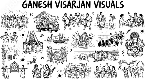 Bild auf Leinwand Ganesh Visarjan Festival Doodle Sketch Line Art