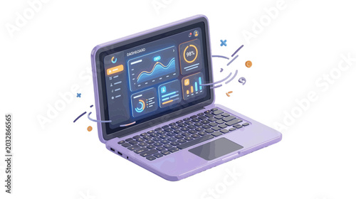 Vector illustration of 3d laptop computer with data analytics dashboard screen on a transparent background