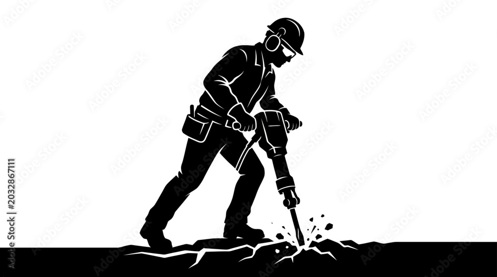 Fototapeta premium A silhouette illustration of a construction worker operating a heavy jackhammer on the ground.