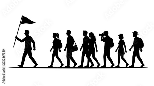 Tableau sur toile A silhouette illustration of a group of people following a leader carrying a flag