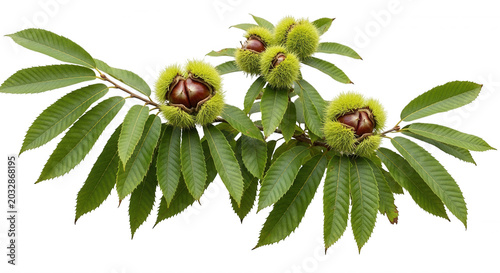 Sweet chestnuts with spiky green husks and dark brown nuts on a leafy branch isolated against a solid black background