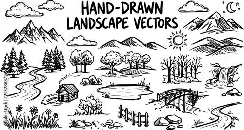 Foto Hand-Drawn Black  White Line Art Landscape Vectors: Mountains, Trees, River, Wat