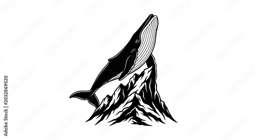 Fototapeta premium Whale breaching above mountain peak - stylized monochrome vector