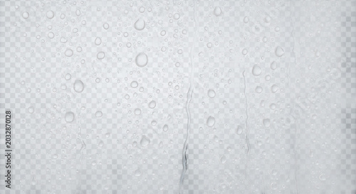 Transparent glass surface covered with realistic water droplets, rain streaks, and condensation patterns on a checkered background