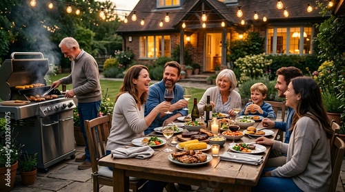 Family enjoying barbecue dinner party in suburban backyard