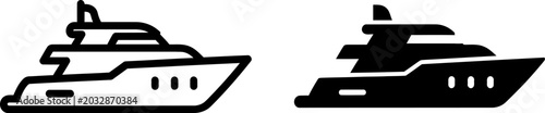 Luxury yacht icon in outline and solid fill styles on a white background for travel or leisure concepts