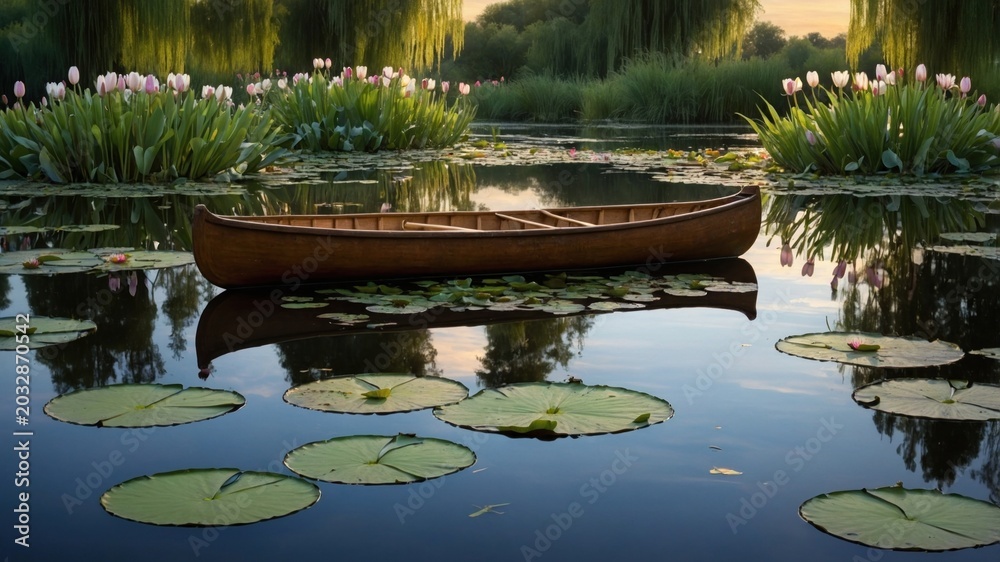 Fototapeta premium Serene Canoe Floating on a Tranquil Lake Surrounded by Lily Pads and Blooming Flowers at Sunset