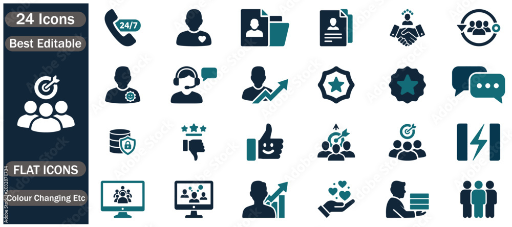 Fototapeta premium Human Resources and Business Management Icons Set Featuring Recruitment Teamwork Employee Performance Leadership Training Career Development Workplace Communication and Organizational Growth Symbols