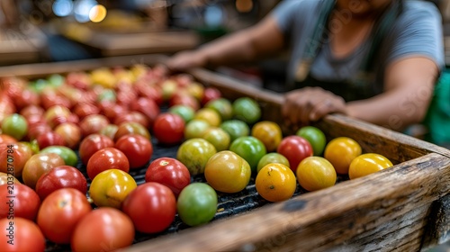 A farmer carefully sorts a colorful harvest of fresh heirloom tomatoes in a rustic wooden crate at an outdoor farmers market stall today.