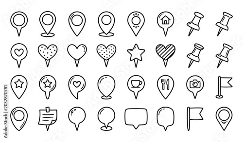 Foto Line art icon set location pins hearts stars and miscellaneous symbols
