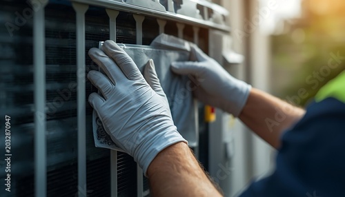 Closeup of a professional technician wearing protective gloves cleaning the outdoor air conditioning unit condenser