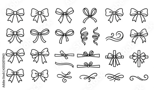 Variety of hand drawn bow and ribbon line art illustrations