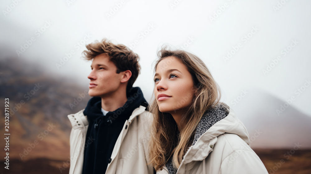 Fototapeta premium Couple hiking misty mountains, winter jackets, fog landscape background. Young adventurers outdoors, moody atmospheric highlands, romantic travel scene, wanderlust lifestyle, dramatic nature panorama.