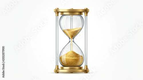 Golden hourglass with flowing sand on a white background.