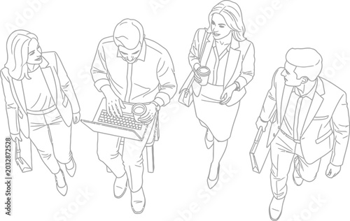 Fotografie Overhead view of four business people in suits, two women and two men, one man u
