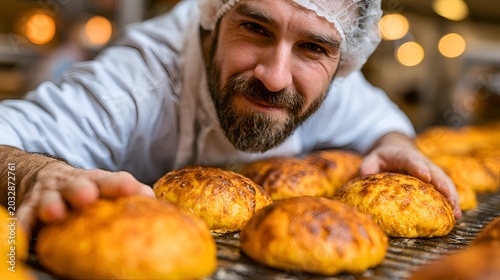 A smiling baker wea a hairnet inspects freshly baked golden buns on a conveyor belt in a commercial bakery setting, closely overseeing quality.
