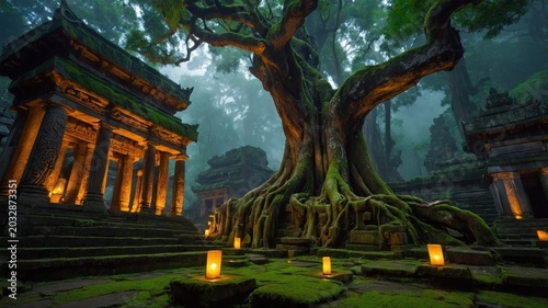 Ancient temple ruins surrounded by a massive tree, illuminated by lanterns in a misty forest