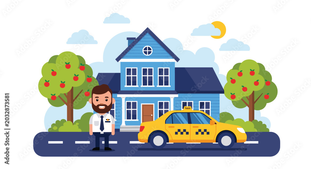 Fototapeta premium Taxi driver standing proudly in front of his yellow cab and a charming blue house with a sunny background for urban service concept.