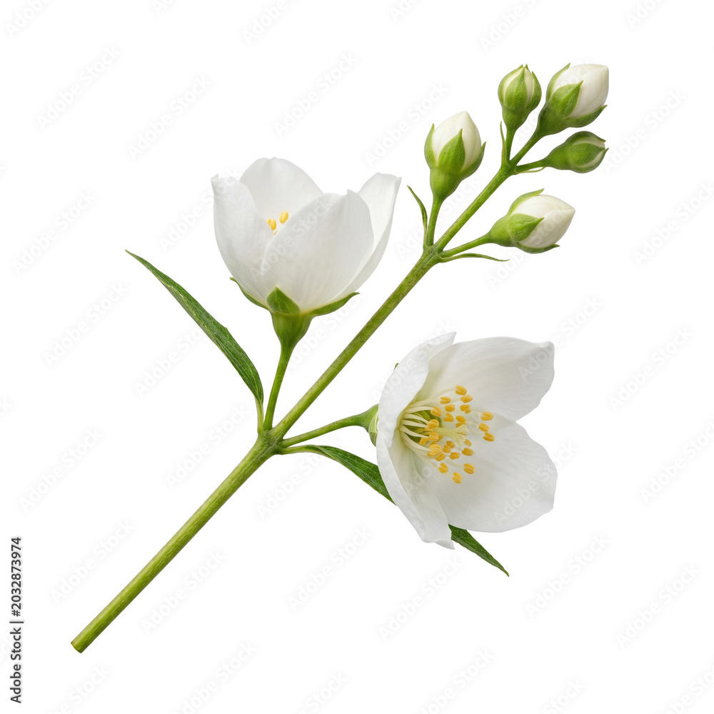 Fototapeta premium Delicate Jasmine Flower Sprig with Buds on White Background