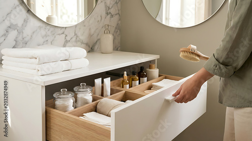 A person tidying up and organizing a bathroom drawer with skincare products
