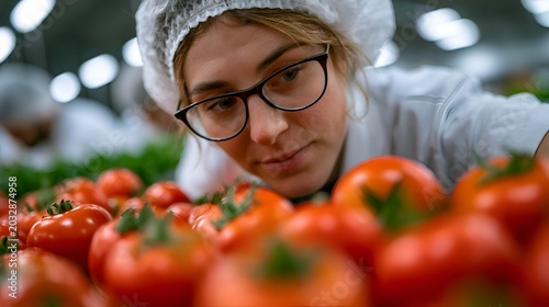 Woman in protective clothing inspecting ripe tomatoes in a food processing facility ensu quality and freshness for consumers.