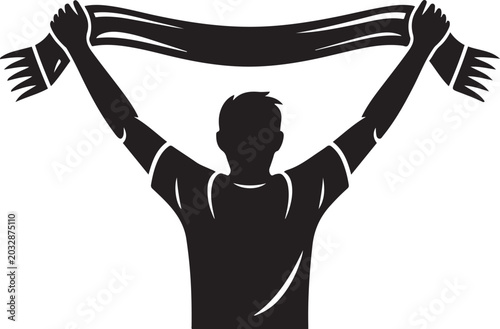 Cuadro en lienzo A black silhouette of a person, likely a sports fan, seen from behind, holding a scarf aloft with both hands