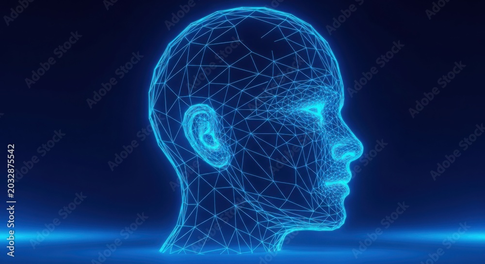 Obraz premium Digital human head profile made of glowing blue network lines illustration