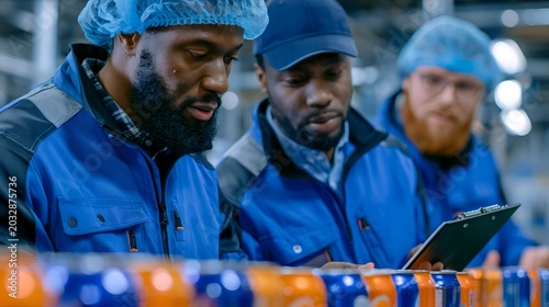 Quality control team inspects soda cans on a production line at a beverage factory to ensure that products meet quality standards perfectly.