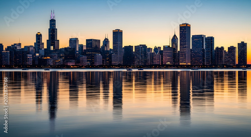 Chicago city skyline at sunset reflects on calm lake water