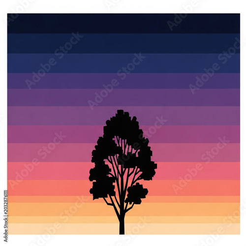 Silhouette of a lone tree against a vibrant pixelated sunset sky.