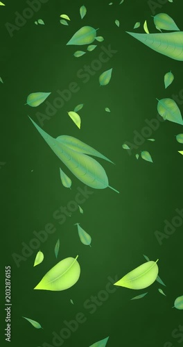 Green leaves falling down on dark green background, seamless loop.Vertical video.