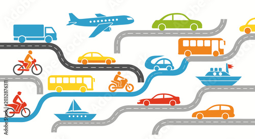 Dynamic transportation network with diverse vehicles navigating interconnected routes, symbolizing modern logistics, global connectivity, and efficient mobility systems