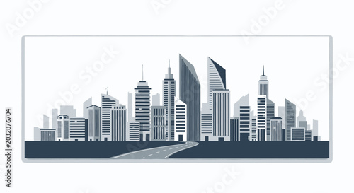 Modern cityscape with skyscrapers and a road leading into the city, illustrating urban development and progress