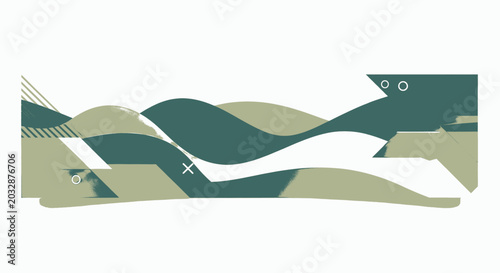 Abstract landscape banner with flowing lines and geometric shapes in muted green and beige tones, perfect for modern designs