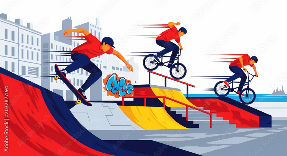 Fototapeta premium City skate park with youth extreme sports