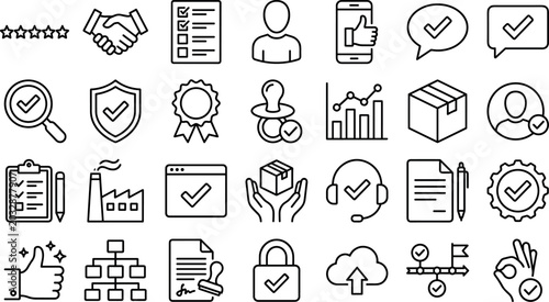 Quadro su tela Quality control compliance standard assurance and regulatory approval thin line icons set featuring checklist guarantee shield rosette award certificate and customer feedback elements