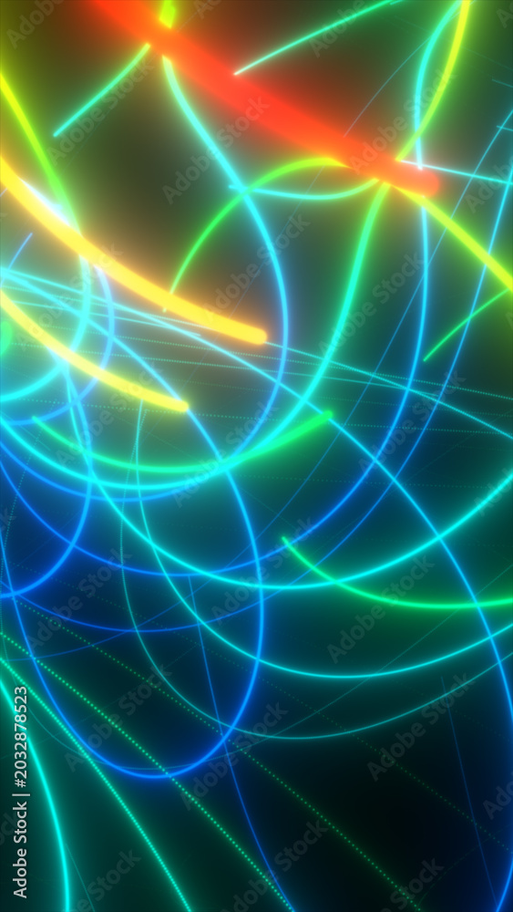 Fototapeta premium Abstract neon blue and green curved light trails crossing over a dark futuristic background with glowing motion.