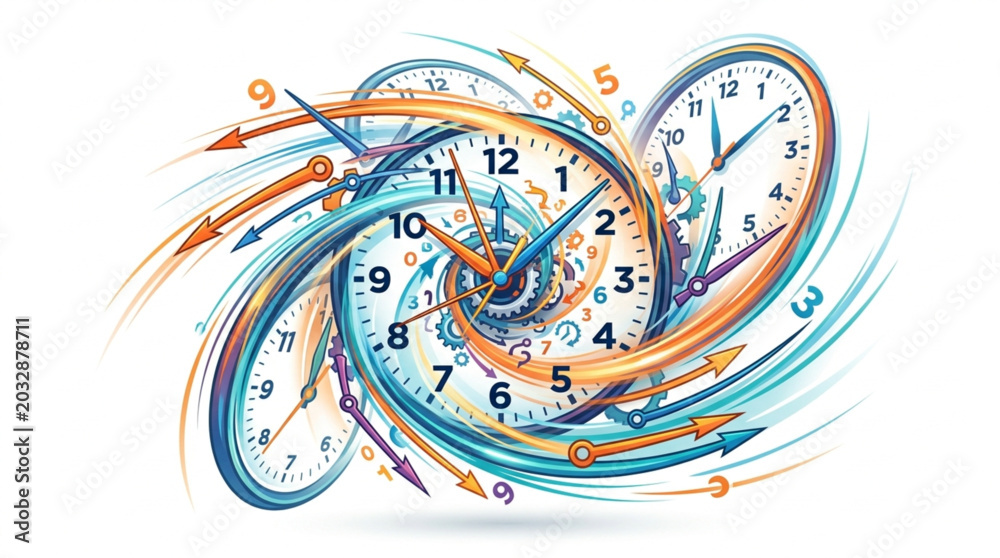 Αυτοκόλλητο Abstract swirling clocks and arrows representing the passage of time