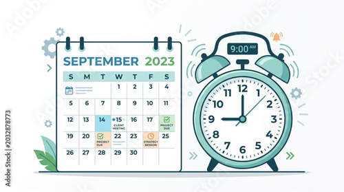 Quadro su tela Alarm clock and calendar showing September 2023 with marked dates