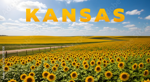 A serene landscape of sunflowers blooming in a vast field under a sunny sky in Kansas.